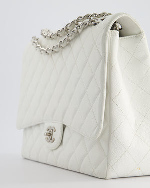 Chanel White Classic Maxi Single Flap Bag in Caviar Leather with Silver Hardware