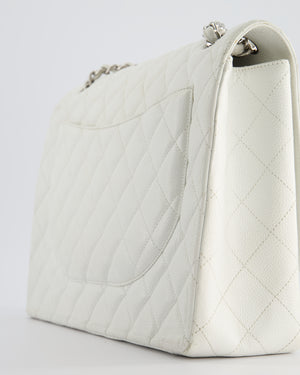 Chanel White Classic Maxi Single Flap Bag in Caviar Leather with Silver Hardware