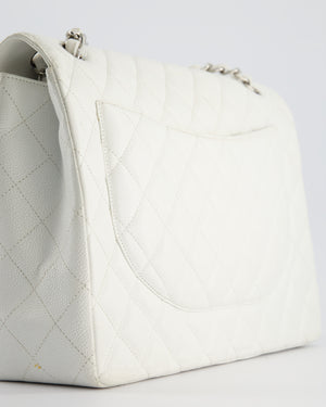 Chanel White Classic Maxi Single Flap Bag in Caviar Leather with Silver Hardware