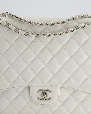 Chanel White Classic Maxi Single Flap Bag in Caviar Leather with Silver Hardware