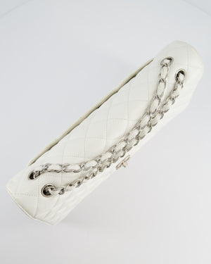 Chanel White Classic Maxi Single Flap Bag in Caviar Leather with Silver Hardware