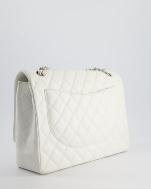 Chanel White Classic Maxi Single Flap Bag in Caviar Leather with Silver Hardware