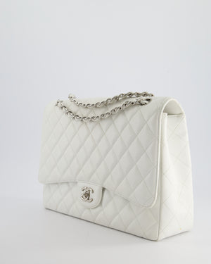 Chanel White Classic Maxi Single Flap Bag in Caviar Leather with Silver Hardware