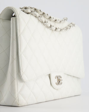 Chanel White Classic Maxi Single Flap Bag in Caviar Leather with Silver Hardware