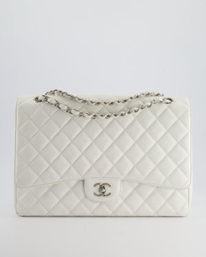 Chanel White Classic Maxi Single Flap Bag in Caviar Leather with Silver Hardware