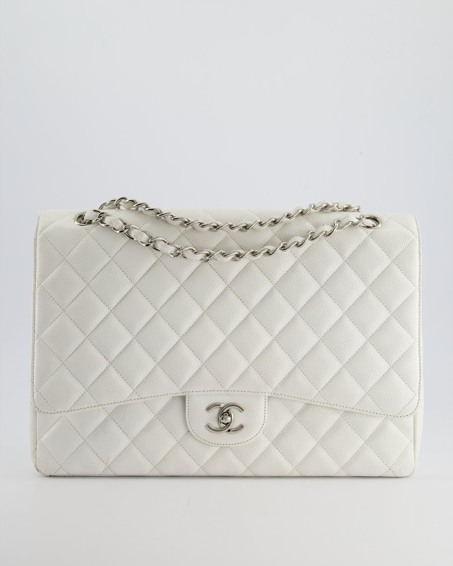 Chanel White Classic Maxi Single Flap Bag in Caviar Leather with Silver Hardware