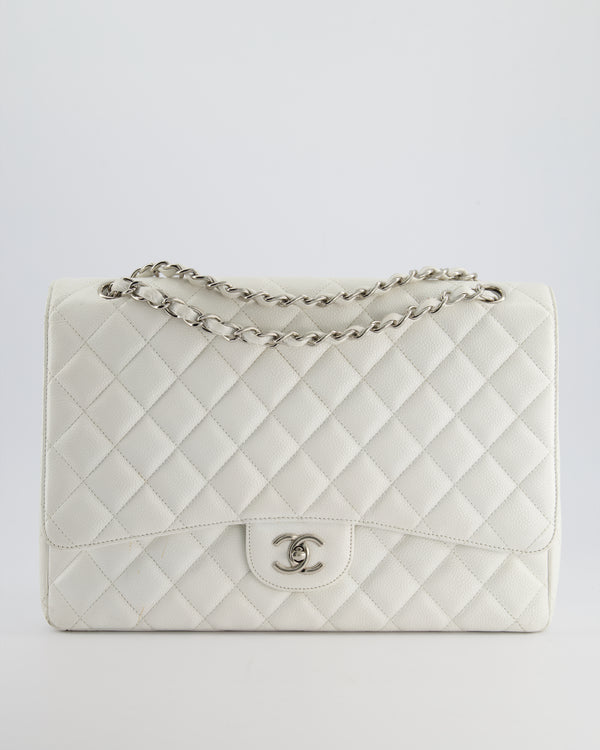 Chanel White Classic Maxi Single Flap Bag in Caviar Leather with Silver Hardware