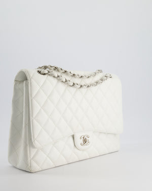 Chanel White Classic Maxi Single Flap Bag in Caviar Leather with Silver Hardware