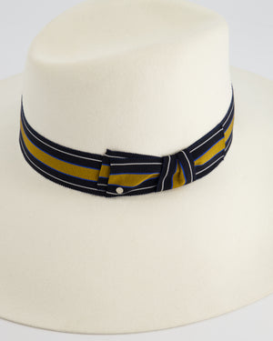 Hermès Cream Large Wool Felt Hat with Navy & Senape Yellow Bandeaux Detail Size 57 RRP 785