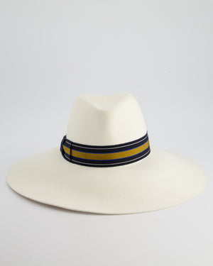 Hermès Cream Large Wool Felt Hat with Navy & Senape Yellow Bandeaux Detail Size 57 RRP 785