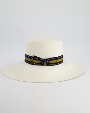 Hermès Cream Large Wool Felt Hat with Navy & Senape Yellow Bandeaux Detail Size 57 RRP 785