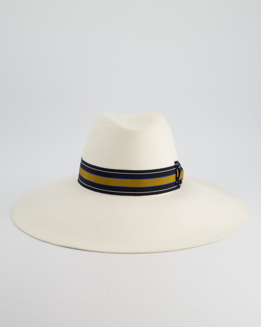 Hermès Cream Large Wool Felt Hat with Navy & Senape Yellow Bandeaux Detail Size 57 RRP 785