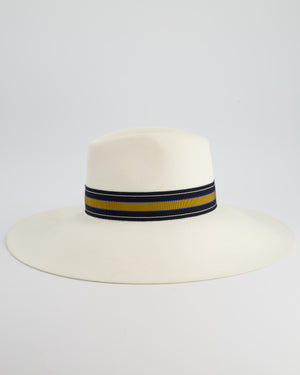 Hermès Cream Large Wool Felt Hat with Navy & Senape Yellow Bandeaux Detail Size 57 RRP 785