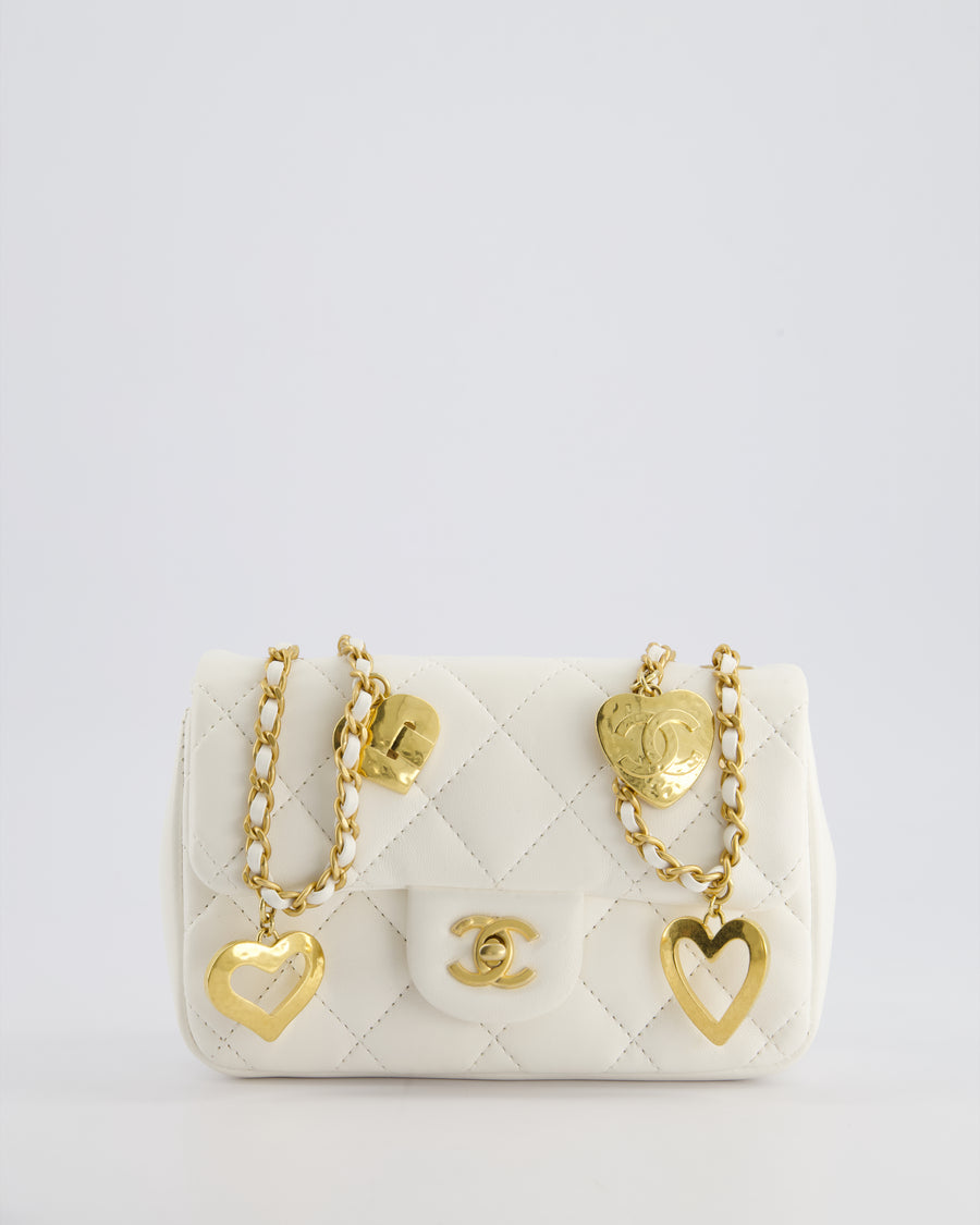 *HOT* Chanel White Mini Rectangular Heart Charm Bag in Lambskin with Gold Hardware