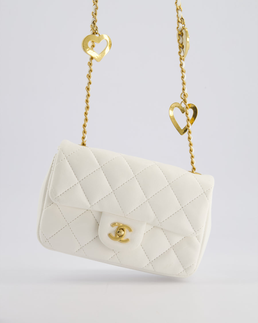 *HOT* Chanel White Mini Rectangular Heart Charm Bag in Lambskin with Gold Hardware