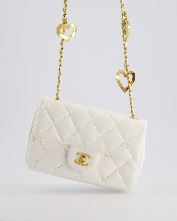 *HOT* Chanel White Mini Rectangular Heart Charm Bag in Lambskin with Gold Hardware