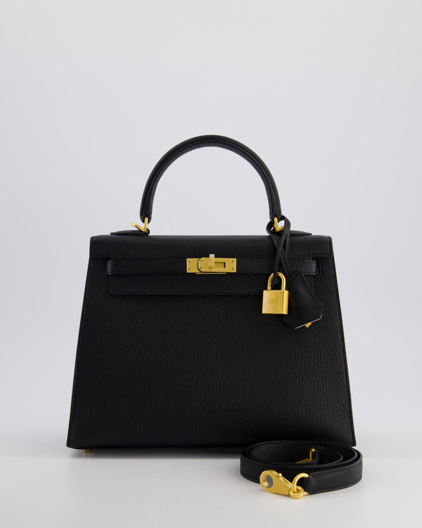 *SUPER RARE* Hermès HSS Kelly Sellier Verso 25cm Bag in Black and Gris Perle Chevre Leather with Brushed Gold Hardware