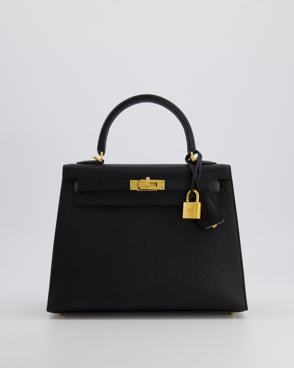 *SUPER RARE* Hermès HSS Kelly Sellier Verso 25cm Bag in Black and Gris Perle Chevre Leather with Brushed Gold Hardware