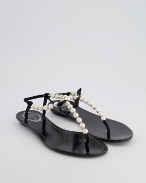 Rene Caovilla Black Sandals with Pearls, Bow and Crystal Details Size 37