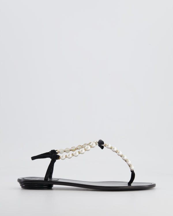 Rene Caovilla Black Sandals with Pearls, Bow and Crystal Details Size 37