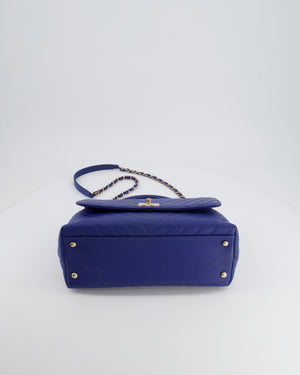 *FIRE PRICE* Chanel Royal Blue Chevron Medium Coco Top Handle Flap Bag in Caviar Leather with Gold Hardware