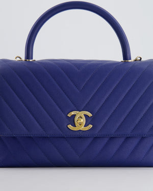 *FIRE PRICE* Chanel Royal Blue Chevron Medium Coco Top Handle Flap Bag in Caviar Leather with Gold Hardware