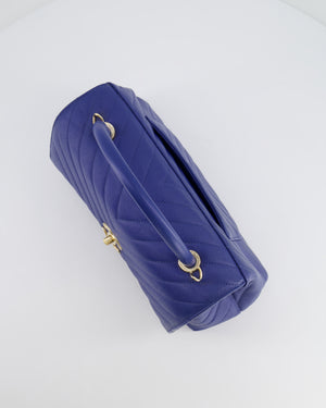 *FIRE PRICE* Chanel Royal Blue Chevron Medium Coco Top Handle Flap Bag in Caviar Leather with Gold Hardware