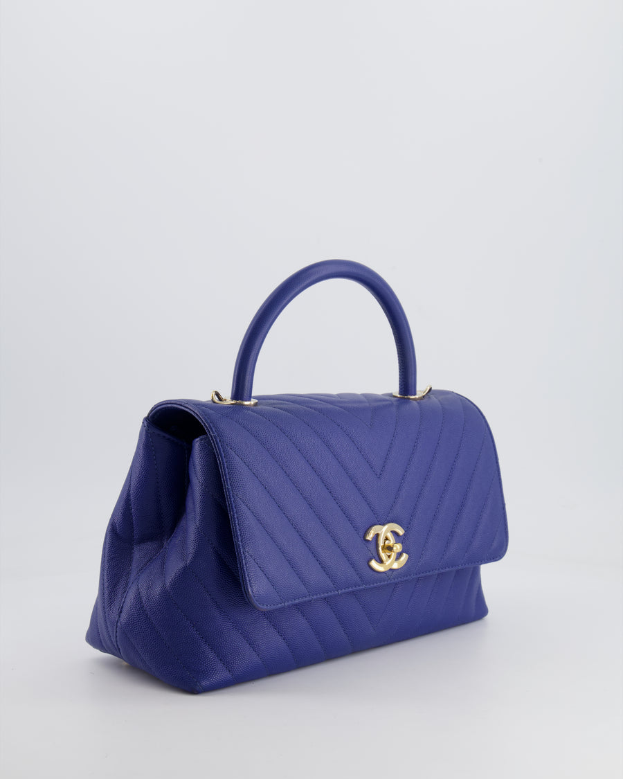 *FIRE PRICE* Chanel Royal Blue Chevron Medium Coco Top Handle Flap Bag in Caviar Leather with Gold Hardware