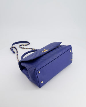 *FIRE PRICE* Chanel Royal Blue Chevron Medium Coco Top Handle Flap Bag in Caviar Leather with Gold Hardware