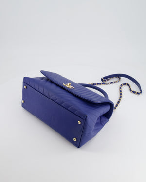 *FIRE PRICE* Chanel Royal Blue Chevron Medium Coco Top Handle Flap Bag in Caviar Leather with Gold Hardware