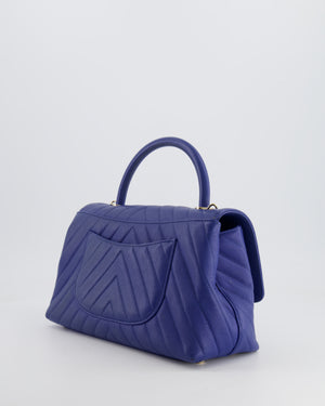 *FIRE PRICE* Chanel Royal Blue Chevron Medium Coco Top Handle Flap Bag in Caviar Leather with Gold Hardware