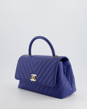 *FIRE PRICE* Chanel Royal Blue Chevron Medium Coco Top Handle Flap Bag in Caviar Leather with Gold Hardware