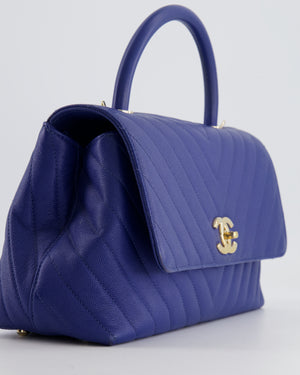 *FIRE PRICE* Chanel Royal Blue Chevron Medium Coco Top Handle Flap Bag in Caviar Leather with Gold Hardware