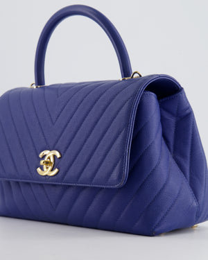 *FIRE PRICE* Chanel Royal Blue Chevron Medium Coco Top Handle Flap Bag in Caviar Leather with Gold Hardware