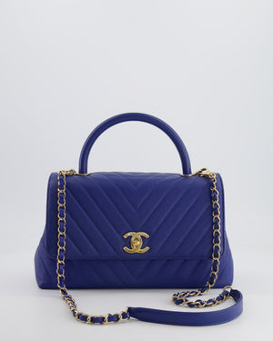 *FIRE PRICE* Chanel Royal Blue Chevron Medium Coco Top Handle Flap Bag in Caviar Leather with Gold Hardware