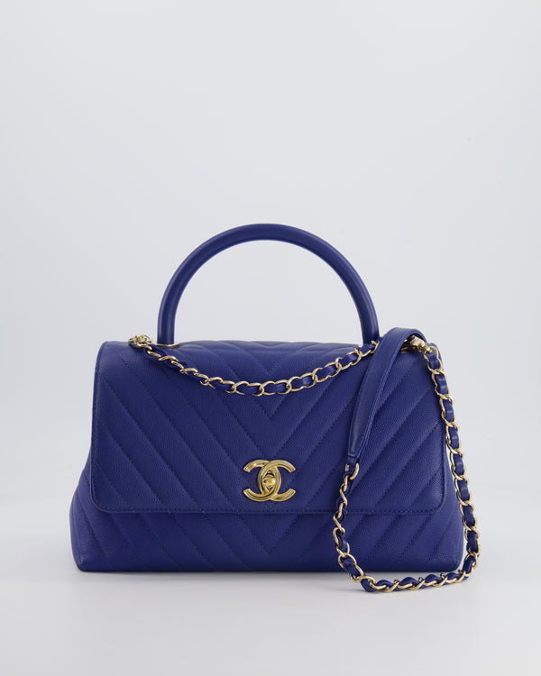 *HOT COLOUR* Chanel Royal Blue Chevron Medium Coco Top Handle Flap Bag in Caviar Leather with Gold Hardware