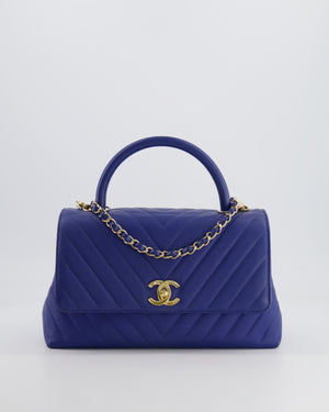 *FIRE PRICE* Chanel Royal Blue Chevron Medium Coco Top Handle Flap Bag in Caviar Leather with Gold Hardware