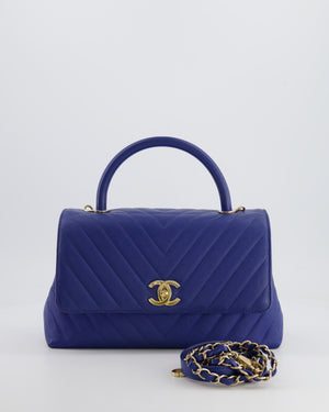 *FIRE PRICE* Chanel Royal Blue Chevron Medium Coco Top Handle Flap Bag in Caviar Leather with Gold Hardware