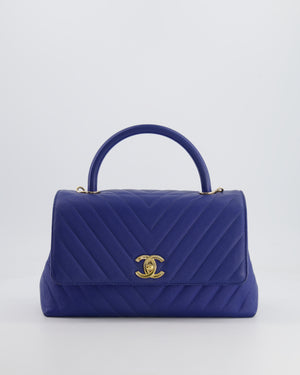 *FIRE PRICE* Chanel Royal Blue Chevron Medium Coco Top Handle Flap Bag in Caviar Leather with Gold Hardware