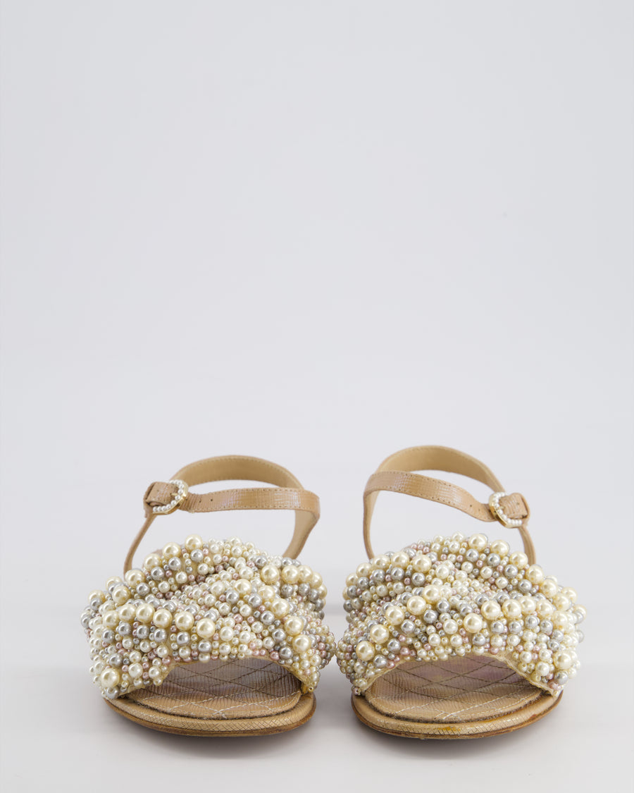 Chanel Shimmer Beige Sandals with Pearl Detail Size EU 36.5C