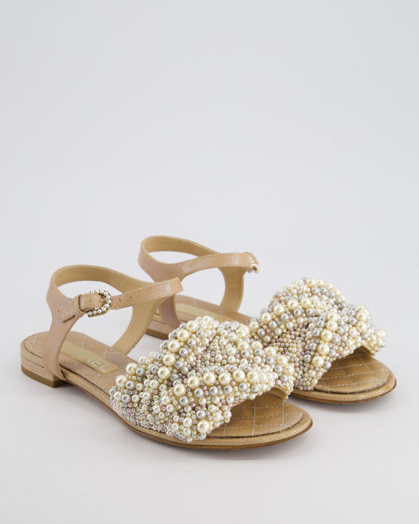 Chanel Shimmer Beige Sandals with Pearl Detail Size EU 36.5C