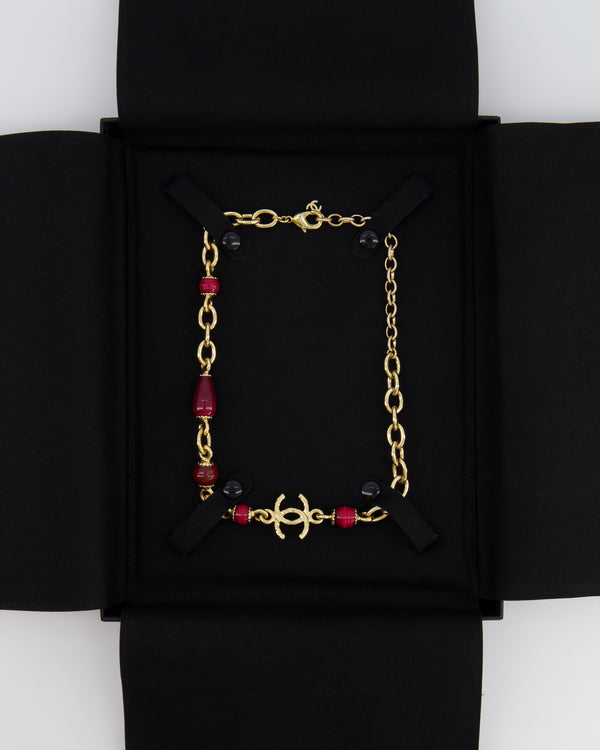 *HOT* Chanel Gold Necklace with Burgundy Stone Details and CC Logo