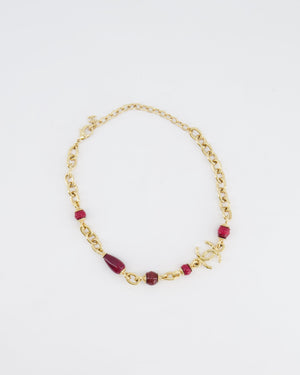 *HOT* Chanel Gold Necklace with Burgundy Stone Details and CC Logo