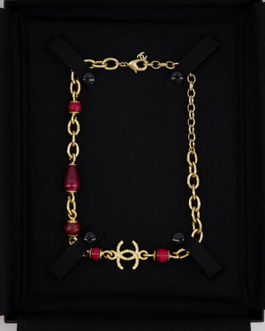 *HOT* Chanel Gold Necklace with Burgundy Stone Details and CC Logo