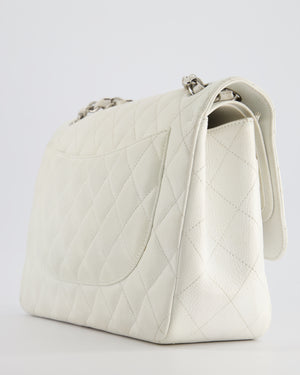 Chanel White Jumbo Classic Double Flap Bag in Caviar Leather with Silver Hardware