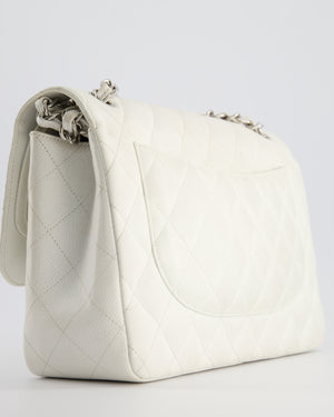 Chanel White Jumbo Classic Double Flap Bag in Caviar Leather with Silver Hardware