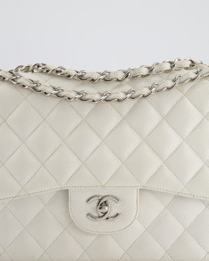 Chanel White Jumbo Classic Double Flap Bag in Caviar Leather with Silver Hardware