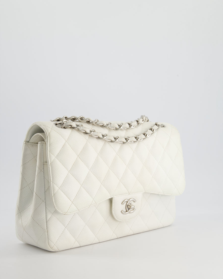 Chanel White Jumbo Classic Double Flap Bag in Caviar Leather with Silver Hardware