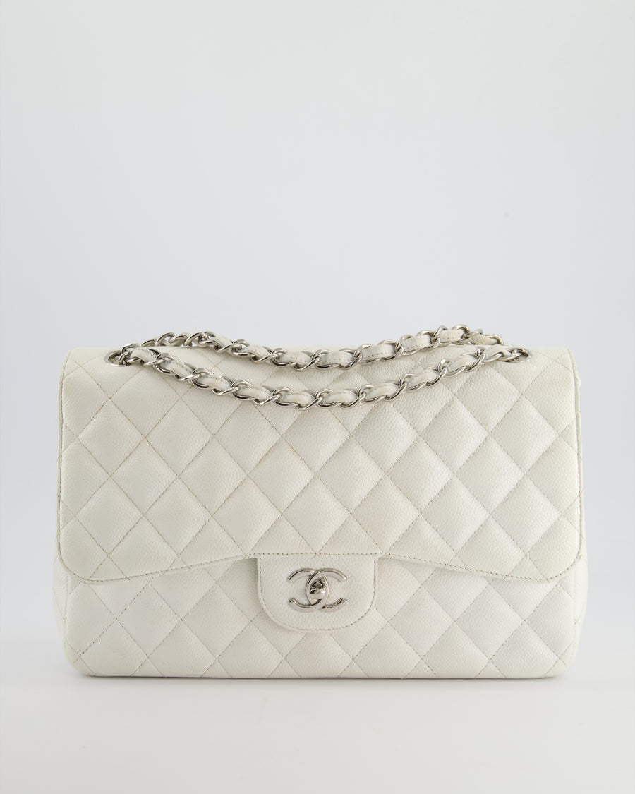 Chanel White Jumbo Classic Double Flap Bag in Caviar Leather with Silver Hardware