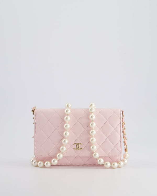 *HOT* Chanel Baby Pink Wallet on Chain in Lambskin Leather with Pearl Strap